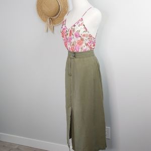 Green linen blend midi skirt, long pencil skirt with slit